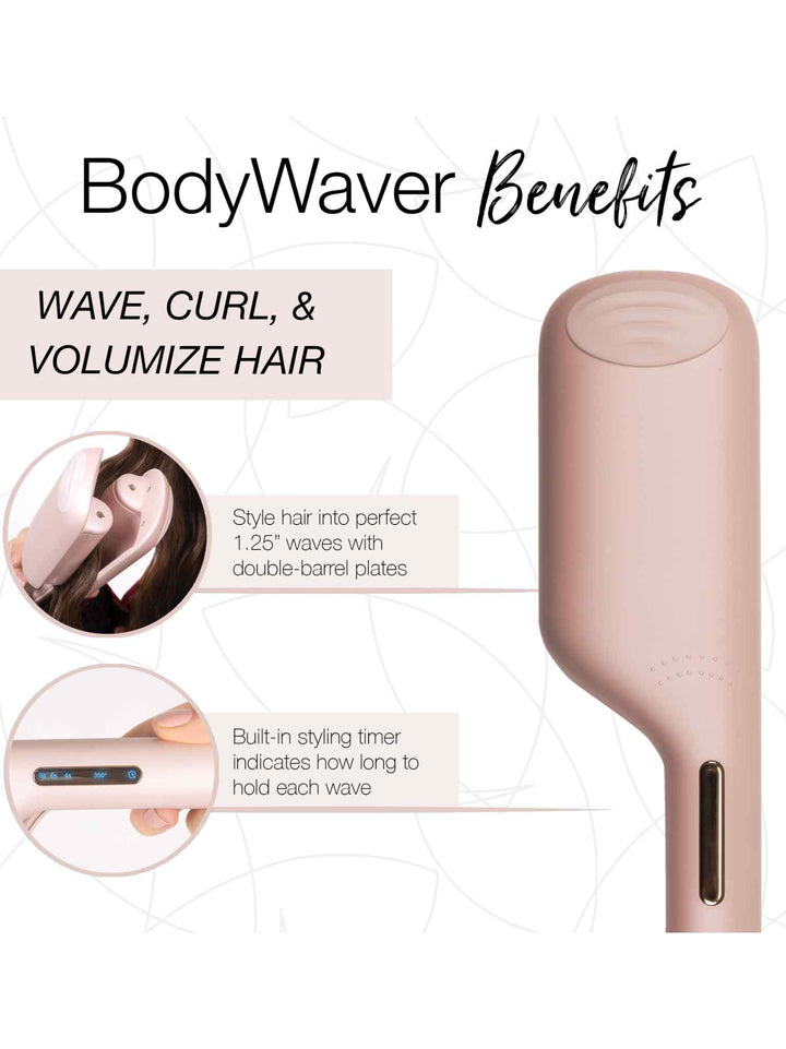 BodyWaver Benefits
Wave, curl, and volumize hair
Style hair into perfect 1.25" waves with double-barrel plates
Built-in styling timer indicates how long to hold each wave